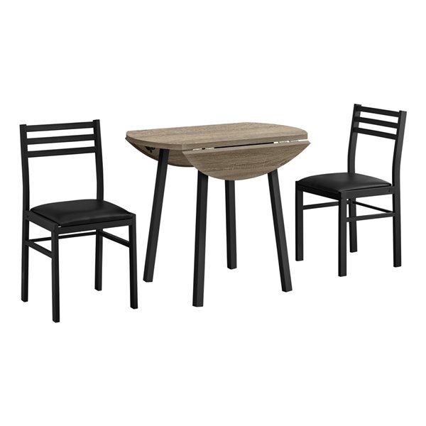 Ensemble salle à manger 1 table ronde 35 po à panneaux rabattables et 2  chaises Monarch Specialties taupe et noir