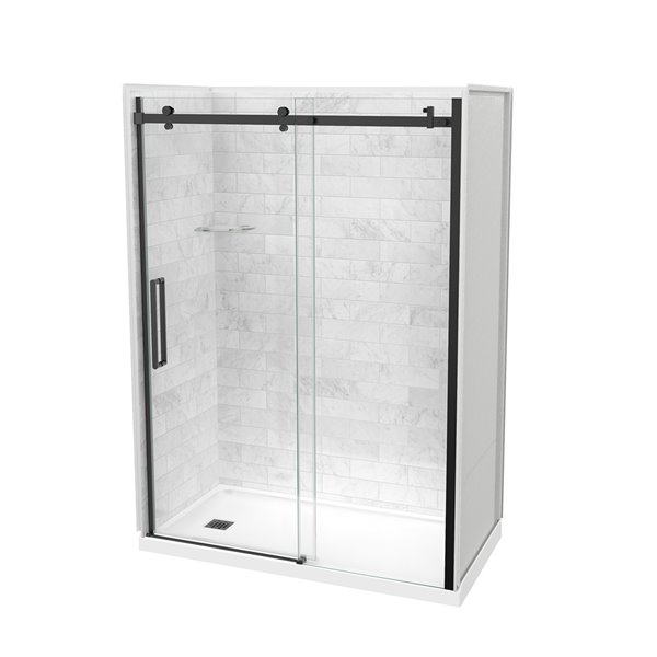 MAAX Utile 32-in x 60-in x 83-in Marble Carrara and Matte Black Alcove Shower Kit with Left Drain - 5-Piece