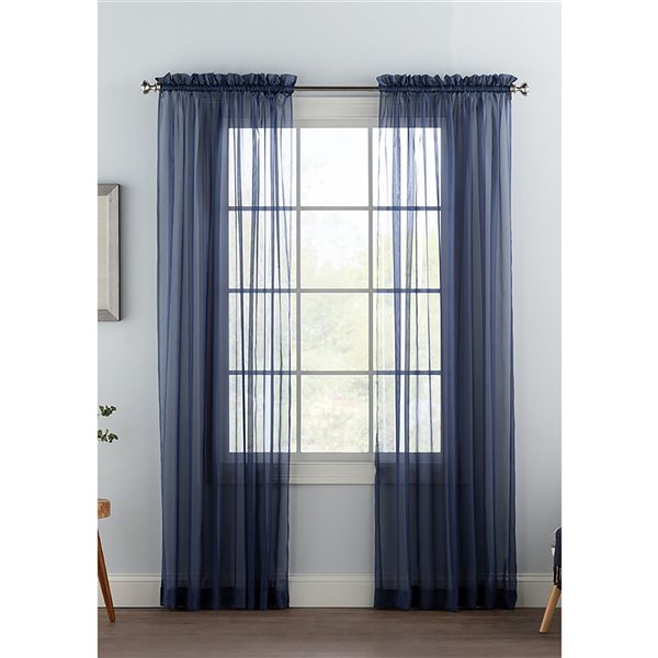 Swift Home 63-in Navy Blue Polyester Sheer Interlined Curtain Panel Pair
