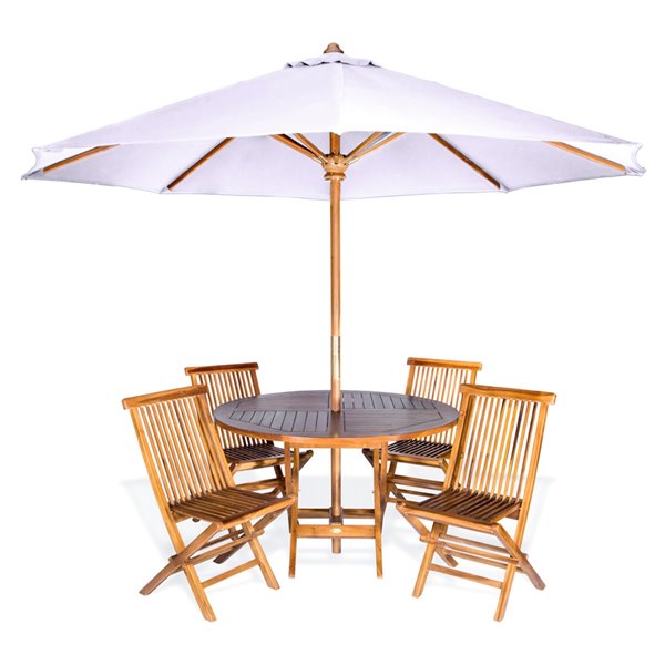 All Things Cedar 6-Piece Brown Java Teak Frame Round Patio Dining Set with Market Umbrella and Royal White Cushions