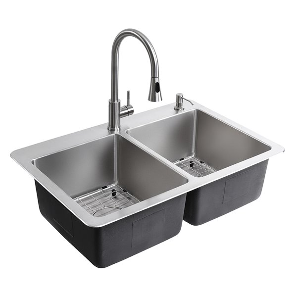 Presenza Dual Mount 33-in x 22-in Stainless Steel Double 1-hole Kitchen Sink - All-in-One Kit