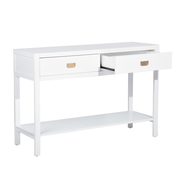 Table console moderne en bois de 44,3 po avec 2 tiroirs et étagère, blanc