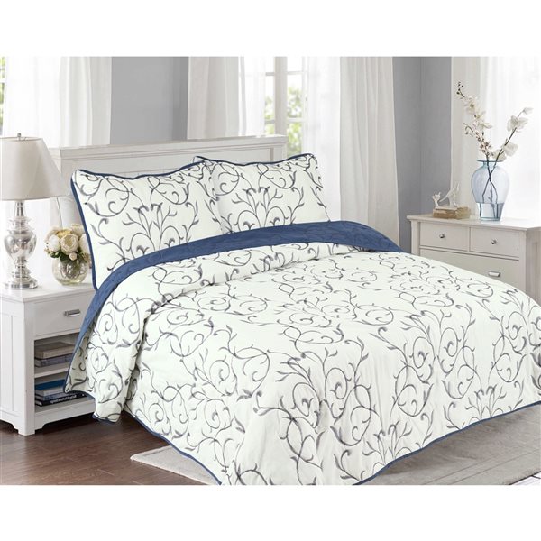 Marina Decoration Navy Blue and White Floral King Quilt Set - 3-Piece ...