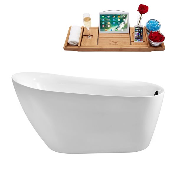 Streamline 28W x 59L Glossy White Acrylic Bathtub and a Matte Black Reversible Drain with Tray