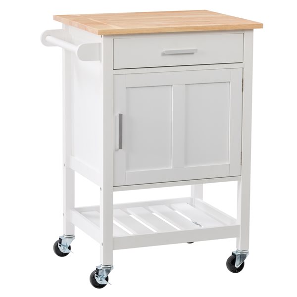CorLiving Sage White Wood Base with Rubberwood Wood Top Kitchen Cart (19-in x 26-in x 35-in)
