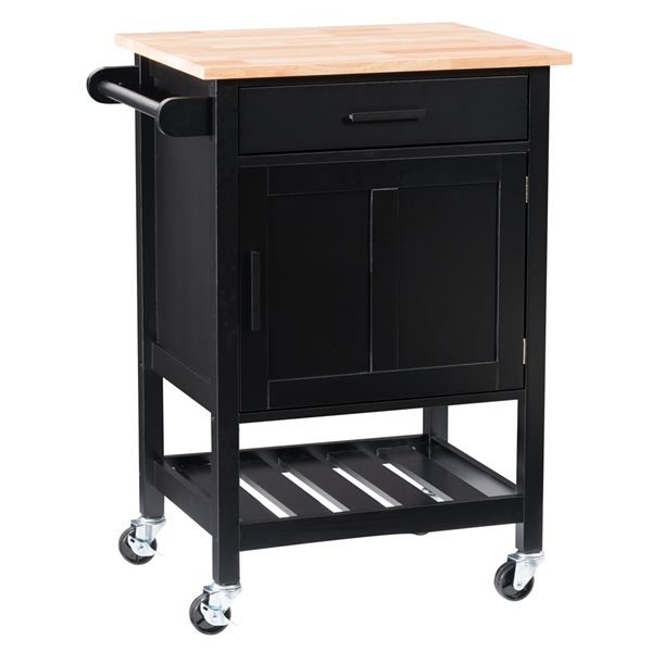 CorLiving Sage Black Wood Base with Rubberwood Wood Top Kitchen Cart (19-in x 26-in x 35-in)