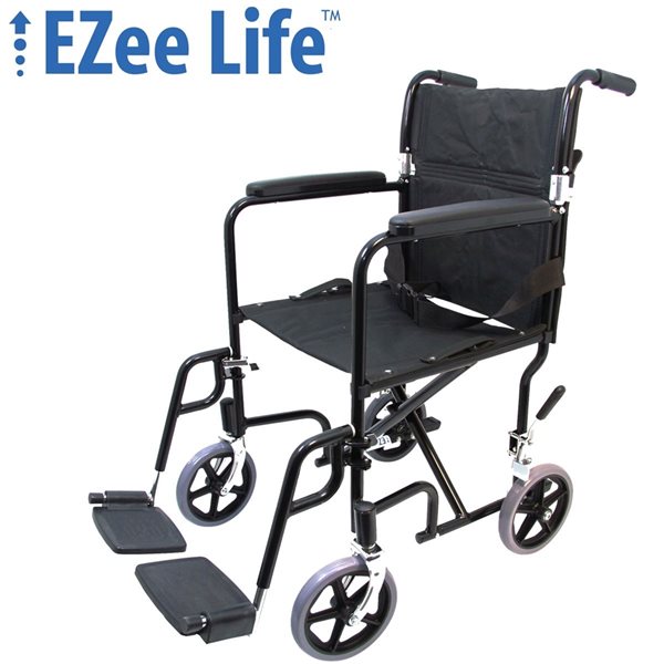 Fauteuil de transport pliable noir Ezee Life avec repose-pieds escamotables