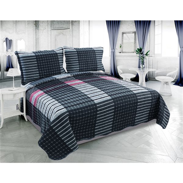 Marina Decoration Black, Grey, Silver and Red Geometric King Quilt Set - 3-Piece