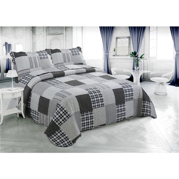 Marina Decoration Grey, Silver, Navy Blue and Black Plaid Full/Queen Quilt Set - 3-Piece