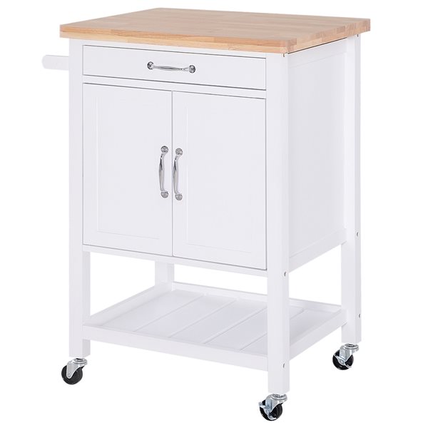 HomCom White Wood Base with Rubberwood Top Kitchen Cart - 18.9-in x 25.59-in x 35.43-in