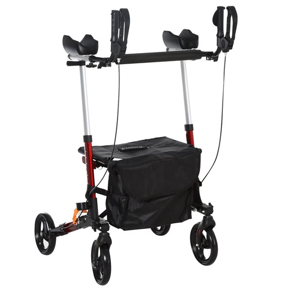 HomCom Dark Red Aluminum Foldable Rollator with Adjustable Seat and Bag
