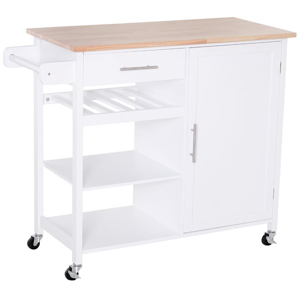 HomCom White Wood Base with Rubberwood Top Kitchen Cart - 17.72-in x 41.34-in x 35.04-in