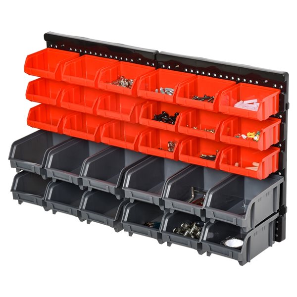 DURHAND 30-Compartment Grey/Red Plastic Wall Mount Small Parts