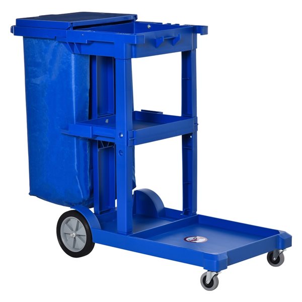 HomCom Blue Polypropylene 3-Tier Janitorial Cart with Casters