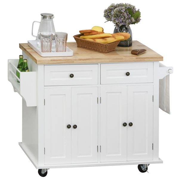 HomCom White Wood Base with Rubberwood Top Kitchen Cart - 17.52-in x 43.7-in x 32.48-in