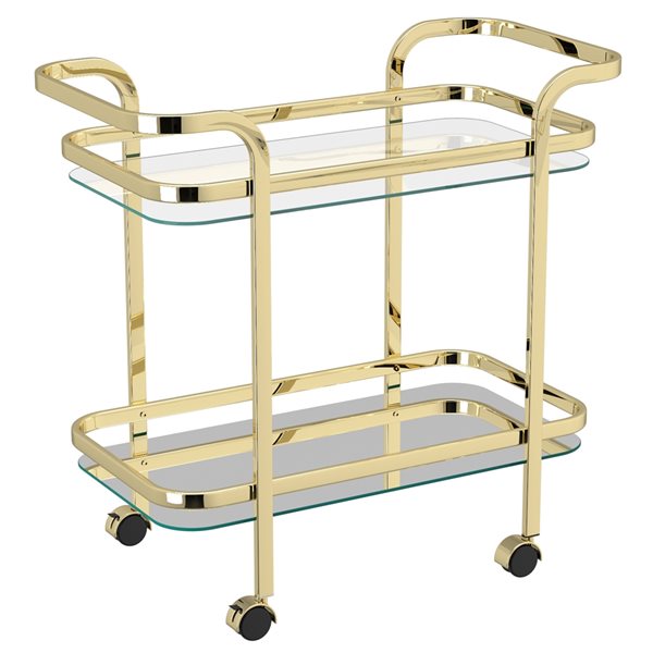 Chariot-bar doré à 2 niveaux WHI en métal et en verre avec roulettes verrouillables