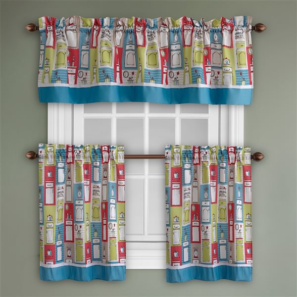 Sun Textile 24-in Aqua and Pink Polyester Rod Pocket Valance and Tier Set