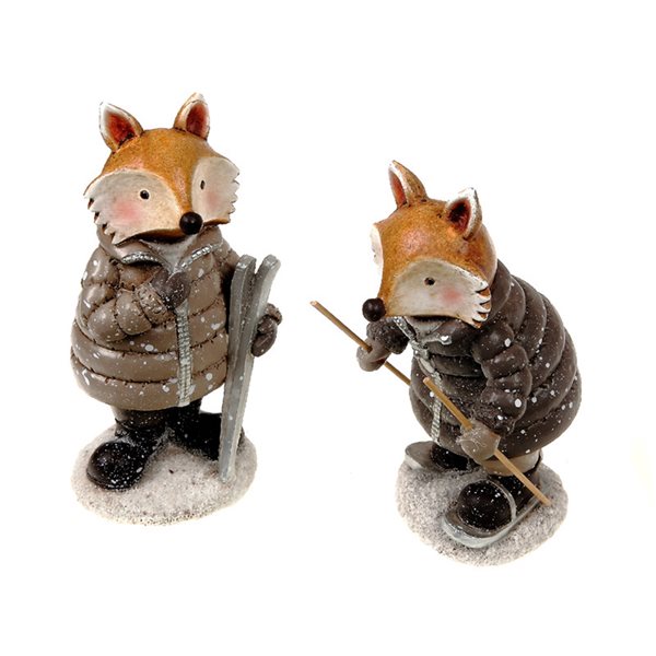 Ens. de figurines en résine IH Casa Decor en forme de renard avec skis, 2 pcs