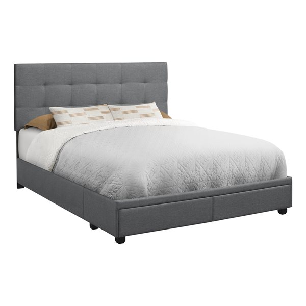 Monarch Specialties Dark Grey Linen Queen Upholstered Bed Integrated Storage