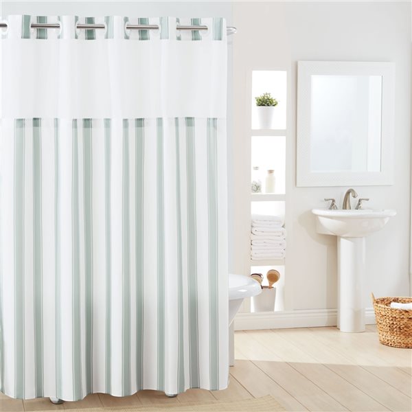 Polyester Grey Striped Shower Curtain, Hookless Shower Curtain Curved Rod
