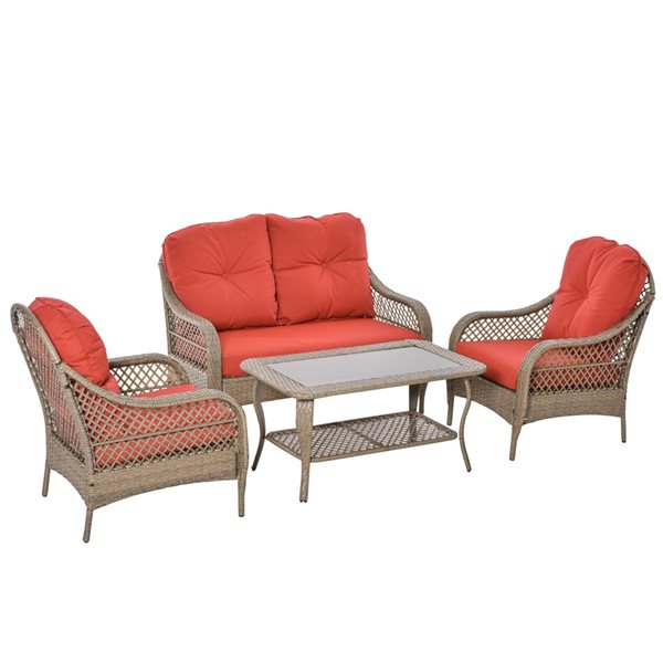 Outsunny 4 Piece Plastic Frame Patio Conversation Set with Red