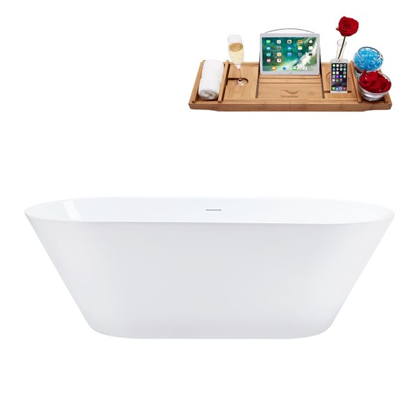 Streamline 32W x 70L Glossy White Acrylic Bathtub and a Polished Chrome Center Drain with Tray