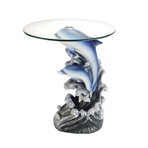 Table d'appoint ORE International ronde en forme de dauphin bleu avec dessus en verre transparent