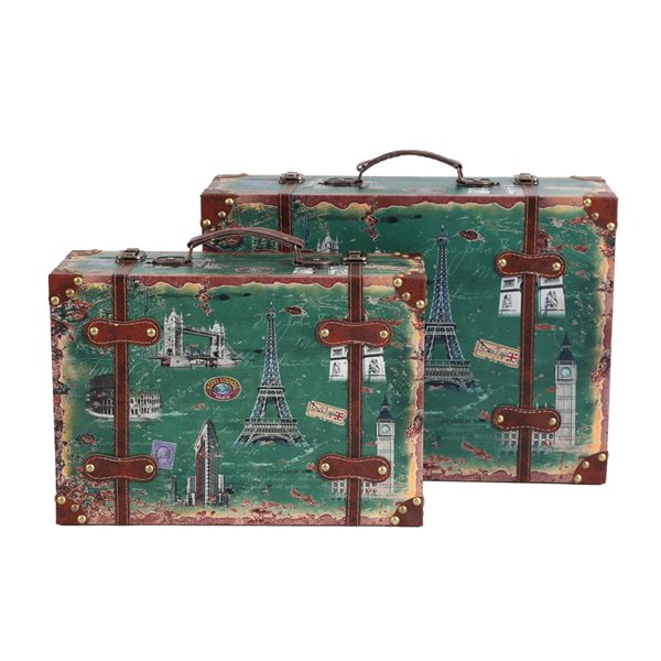 Vintiquewise 17-in x 12-in x 6-in Green Wooden Suitcase - Set of 2