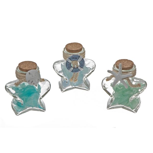 Ens. de bouteilles en verre IH Casa Decor avec coquillages et roches multicolores, pqt de 6