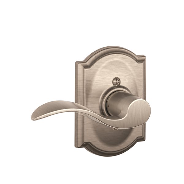 Schlage F Series Accent-Camelot Satin Nickel No Deadbolt Left-Handed Dummy  Door Handle 08695