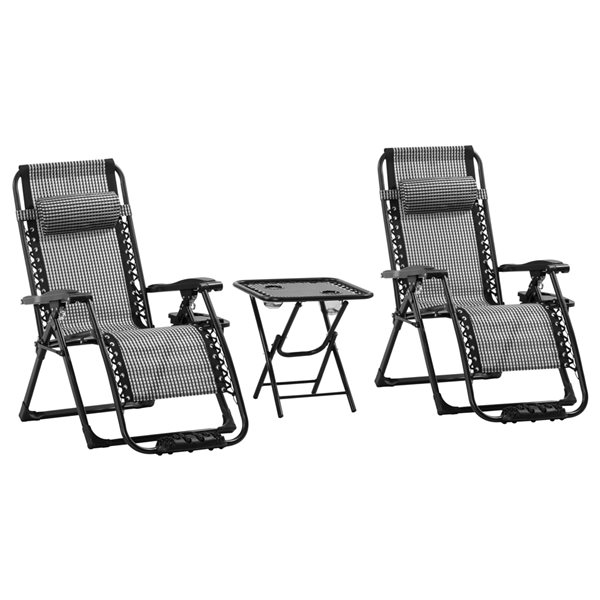 Fauteuils à posture zéro-gravité et table d'appoint Outsunny noirs en métal avec siège maillé gris, ensemble de 3