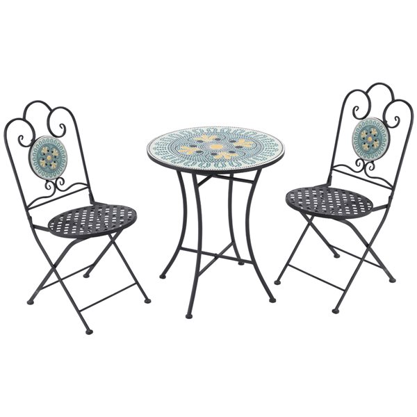 Outsunny Black Steel Frame Bistro Set with Green Mosaic Tabletop - 3-Piece