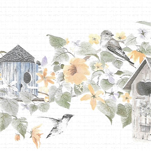 Dundee Deco Floral Green Yellow Flowers and Bird Houses Peel and Stick Wallpaper  Border | Réno-Dépôt