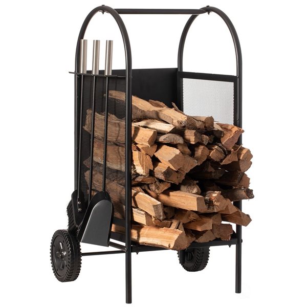 Ensemble d'outils et support à bois de chauffage à roues Gardenised  intérieur et extérieur en fer, 4 pièces QI004553