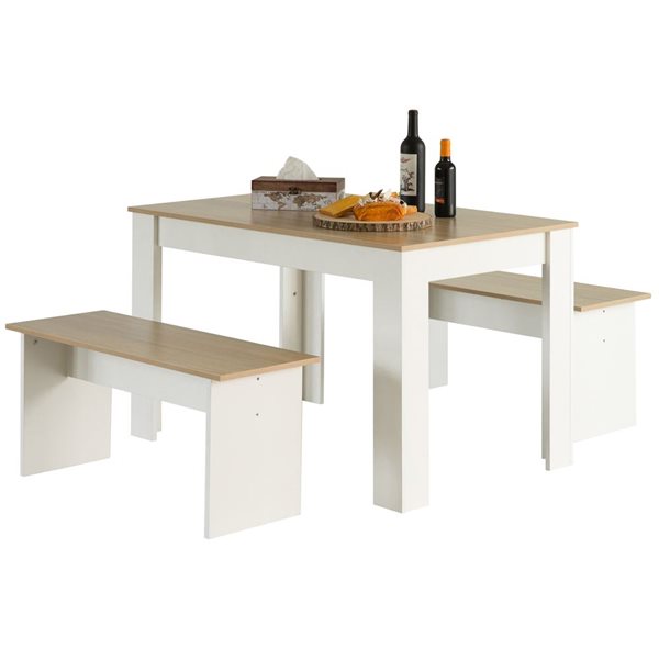 Basicwise 27.5-in x 43-in White Wooden Dining Table with 2 Benches