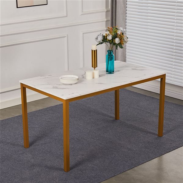 FurnitureR Modern Gold Metal Dining Table with White Marble Top 55in