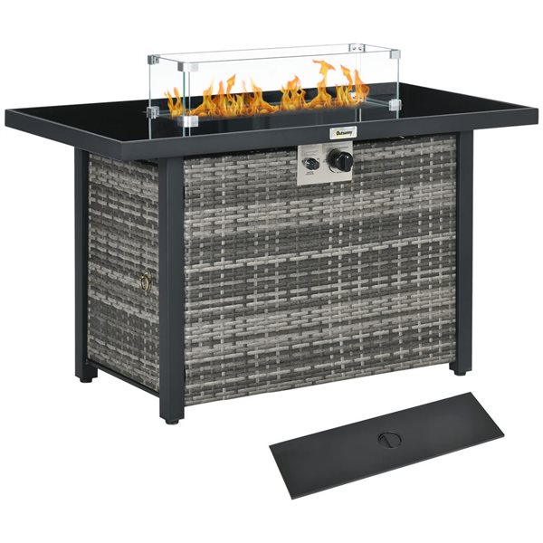 Outsunny Propane Gas 50,000 BTUs Grey Rattan Fire Pit Table with Glass Wind Guard and Blue Glass