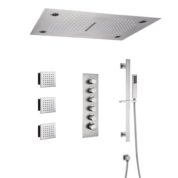 Mondawe Luxury Thermostatic Brushed Nickel LED Waterfall Shower System ...